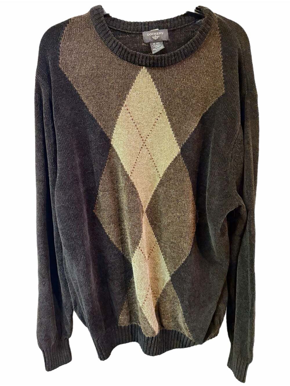 Vintage Y2K Dockers Argyle Plush Knit Sweater Men’s XL Brown Black Tan
